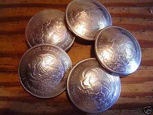 Five 20 Peso Mexican Nickle Silver Conchos  