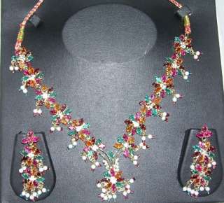 MULTI COLOR) GOLD TONE INDIAN BRIDAL BEADS CZ NECKLACE EARRINGS A22 