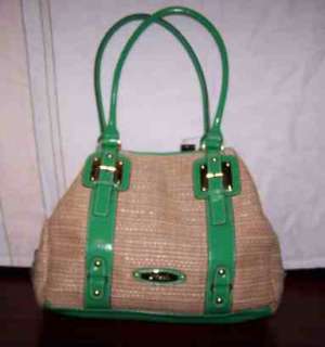 LINEAR Woven Handbag Purse GREEN w STRAW $65  