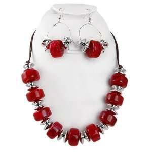   Silvertone Thick Red Beaded Necklace and Earrings Set Fashion Jewelry