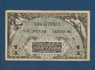 US CURRENCY MILITARY PAY CERT $1.00 481 Paper Money VF
