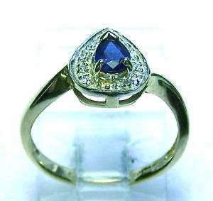Natural Blue Sapphire Pear & Diamonds Solid Y/Gold Ring  