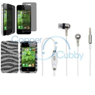 Black Zebra Bling Diamond Case+Headset+Privacy SP For iPhone 4 s 4s 4G 