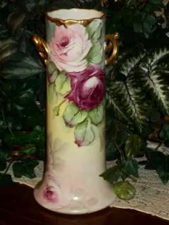Fabulous Twisted Handle Limoges Vase Pink & Red Roses  