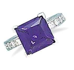 Rhodium Plated Square Synthetic Tanzanite and CZ Silver Ring. sizes 6 