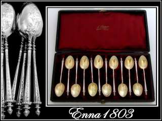 Antique French Sterling Silver Tea Spoons Set 12pc box  