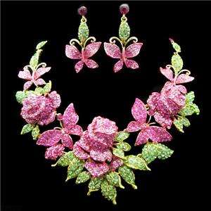 Rose Flower Pink Swarovski Crystal Earring Necklace Set  
