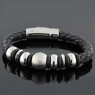 Stainless Steel and Black Leather Magnetic Clasp Unisex Bracelet 