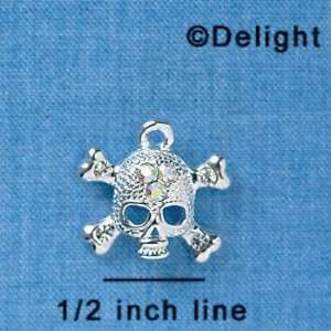  C3832 tlf   Skull with 3 AB Crystals   Silver Plated Charm 