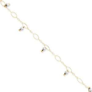  14K Two Toned Gold Beaded Anklet, 9 Inch Jewelry