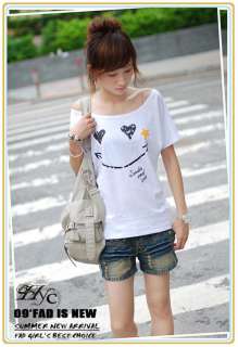   Womens Casual Batwing Sleeve T shirt Tops Smile Print Blouse I169