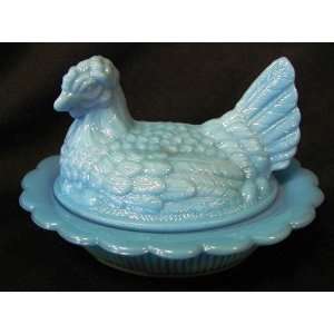  6 Bonnie Blue Delphite Milk Glass Hen on Nest with Wide 