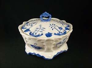 Vintage Hand Painted Footed Porcelain Dish with Lid Blue Onion  