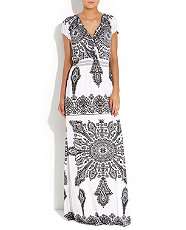 White Pattern (White) Black and White Cap Sleeve Maxi Dress 