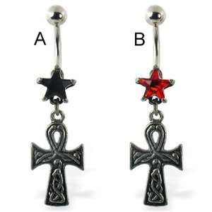  Belly ring with star and dangling ankh, black   A Jewelry