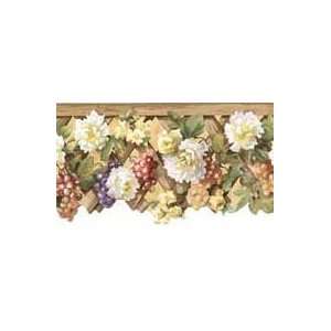  Flowers and Fruit on Lattice Beige Wallpaper Border in Mulberry 