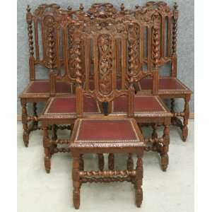  Antique French Set 6 Hunting Chairs Oak Barley Twist
