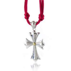  Silver & 18K Gold Cross Pendant w/ Red Silk Cord Necklace Jewelry