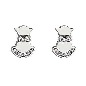 925 Sterling Silver Rhodium Plated Cat Kitty CZ Stud Earrings with 