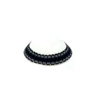 15 Centimeter Tightly Knit Kippah in White with Black, Gray and Navy 