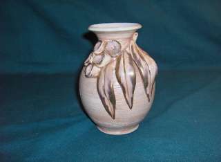 Vintage Beige Pottery Table Vase APPLIED FLOWERS,LEAVES  