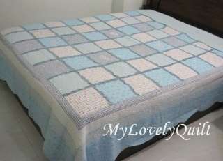 BABY BLUE Heart Appliques Patchwork Quilt BEDSPREAD with Ruffles QUEEN 