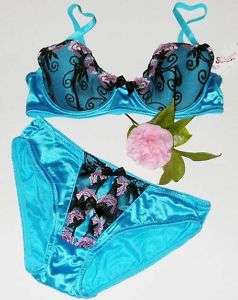 SATIN TURQUOISE lace ribbon Bra Bikini SET lm145 34B/S  