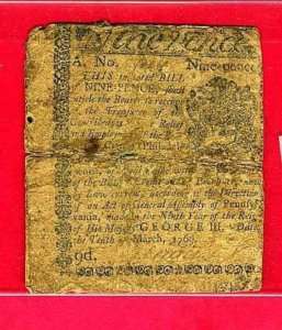 COLONIAL CURRENCY MARCH 10,1769 9d BOOKS@300.00  