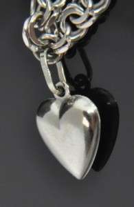 14K White Gold Puffed Heart Dangle Charm Pendant Chain Link Bracelet 