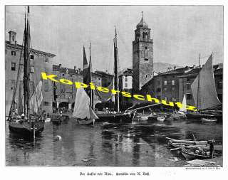 Robert Ruß Gardasee Riva Hafen Segelschiff Uhrturm 1897  