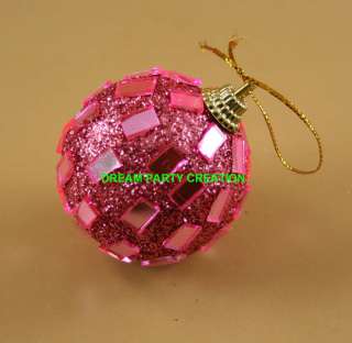 PINK Christmas GLITTER & MIRROR Ball 2 ORNAMENTS  