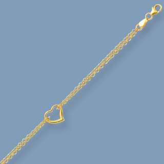 Heart Anklet Bracelet w/ Rolo Chain 14K Yellow Gold  