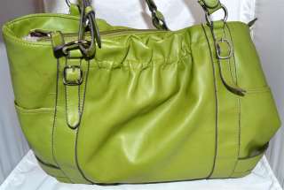 Emilie M Lime Green Faux Leather Large Tote with Abstract Beige 