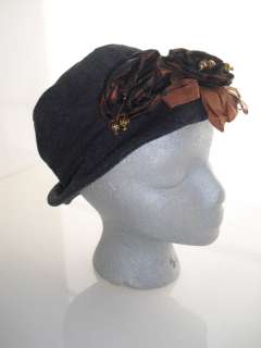 HANDMADE Upcycled ECO Recycled Wool Gray Rosette Bucket Hat Cap  