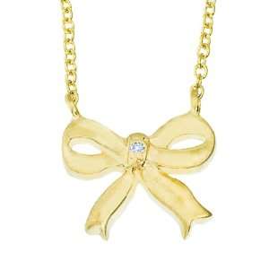  14k Yellow gold with White diamond bow pendant necklace Jewelry