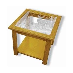  Oak Etched Glass End Table   Standing Guard Deer