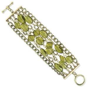  Brass tone Green Crystal Chunky Bead 6in Toggle Bracelet Jewelry