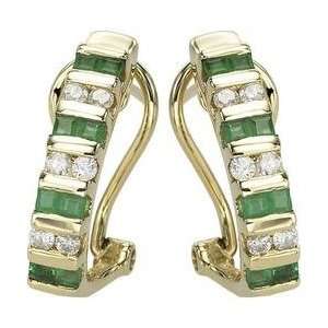  14K Yellow Gold Channel Set Square Emerald & Round Diamond Earrings 
