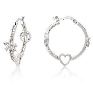 White Gold Bonded Hoop Earrings with Clear CZ Accents, Heart and Bow 