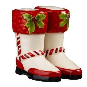   Winter Snow Boots Salt & Pepper Magnetic Shakers   White/Red Stripe