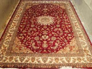 RUBY RED FLORAL HAND KNOTTED RUG CARPET SILK WOOL 10x7  