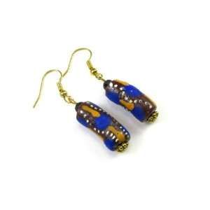   African Beads Dangle Earrings in Blue and Tans with Volcanic Lava Bead