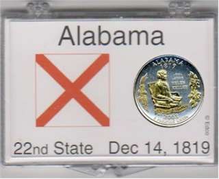 Gold on Silver Alabama Statehood Quarter with State Flag Display Case 