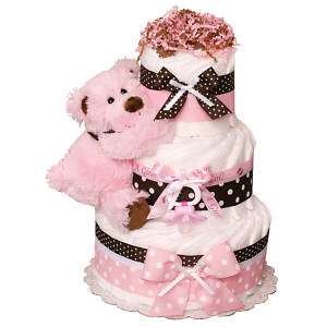 Baby Shower Gift Pink Chocolate Brown Bear Diaper Cake  