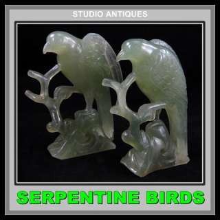 GREEN SERPENTINE BIRDS Carved Jade CHINESE FIGURINES Decorative Pair 