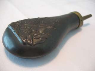 antique Brass Powder Flask Italy Black gun pistol canon horn USA flag 