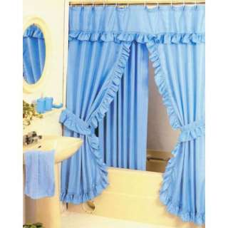 shower curtain set SKY BLUE fabric double swag curtains & vinyl liner 