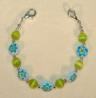 Green Blue Flower Bead Medical ID Replacement Bracelet  