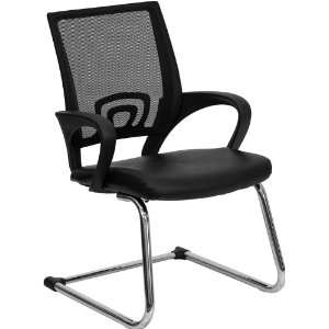   Black Leather Side Chair with Black Mesh Back and Sled Base Office