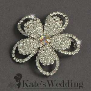 Wedding Brooch Corsage Flower Pin Rhinestone Crystal Silver Tone 